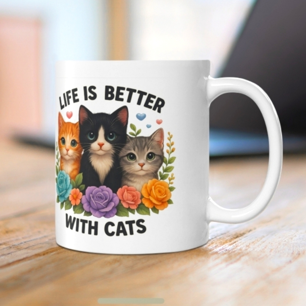 🌸 Life Is Better With Cats Mug 🐾 11oz Adorable Cat Lover Gift!